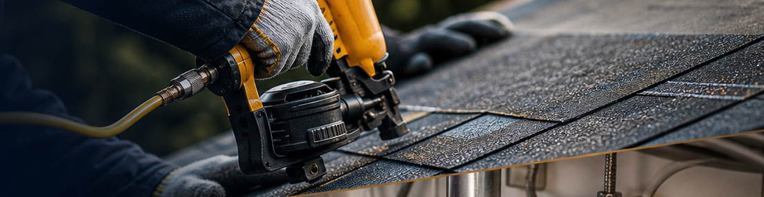Roofer fastening shingles while working on a roof